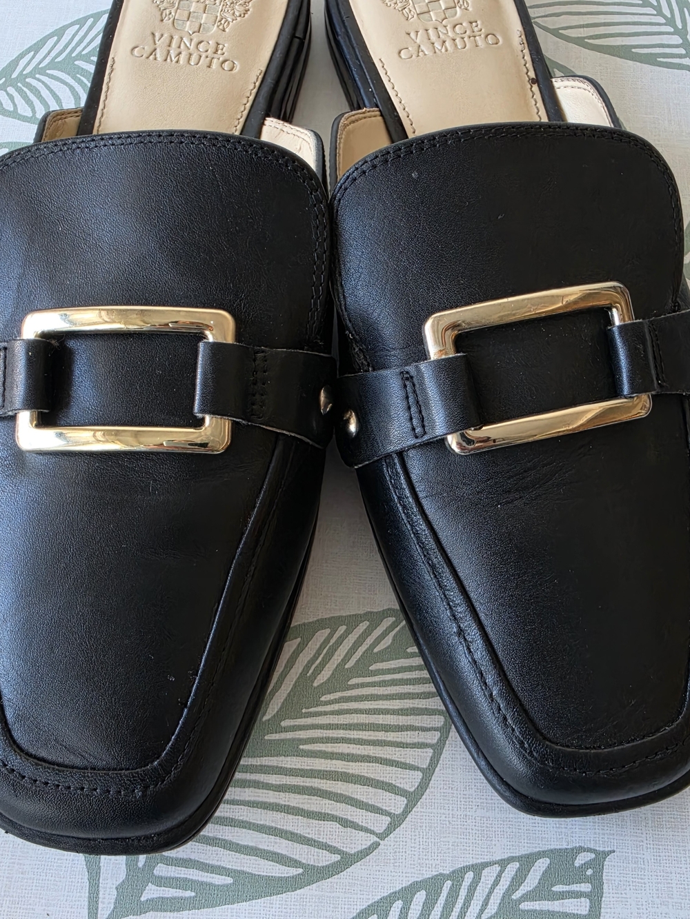 Vince Camuto Black Leather Slip-On Loafers/Mules with Gold Buckle Size 10 - Picture 2 of 5